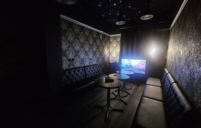 Типичный Питер. ВИП лофт -зал. Караоке-зал с темными кожаными диванами вдоль стен, круглые стальные столики, декоративные обои с узором, телевизор на стене, тусклое освещение с точечными светильниками, темный потолок и пол, яркий свет из-за штор.