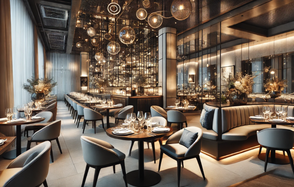 Тестовый зал мск. Ресторанное пространство с круглым столами и стульями. Вдоль стены расположены диваны. На столах белоснежные скатерти и сервировка бокалами. Потолок украшен множеством подвесных светильников. Слева большие окна с легкими занавесками. Цвета нейтральные.