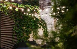 Лофт со своим двориком. Уличное пространство с кирпичной стеной, увитой зеленью. Небольшие столы и стулья. Над головой натянута гирлянда с круглым освещением. Деревянные панели с левой стороны. Общий зеленый и коричневый тон.