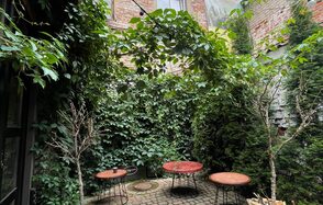 Лофт со своим двориком. Внутренний дворик с византийскими стенами из кирпича, покрытыми плющом. Три круглых металлических стола с красными столешницами стоят на мощеной поверхности. Окружение из густой зелени и деревьев.естки.