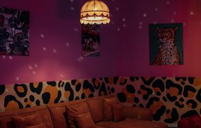 Лофт Гламур. Комната с розовыми стенами, декорированными леопардовым принтом. Висят два постера, на одном изображен леопард. Светильник с абажуром освещает пространство. Коричневый угловой диван с подушками. Рассеивающиеся световые пятна.