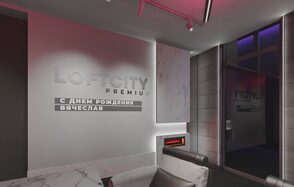 Серый лофт с камином с верандой на крыше