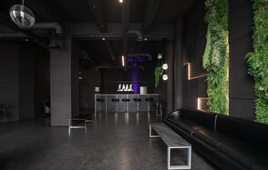 Rubin Loft (Рубин Лофт). Лофт Блэк. Пространство с темными стенами и потолком, черный диван с металлическим столиком, барная стойка с высокими стульями. Живые зеленые растения на стене, подвесные светильники, диско-шар сверху, неоновый свет за баром. Пол бетонный.
