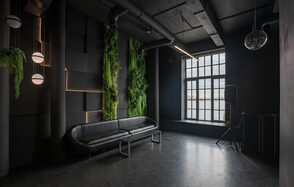 Rubin Loft (Рубин Лофт). Лофт Блэк. Современное лофт-пространство с большими окнами, черными стенами и потолком. Встроенный светильник, подвесные светильники, мягкий черный диван, зеленые вертикальные растения. Декоративные элементы, индустриальные воздуховоды, звуковое оборудование.