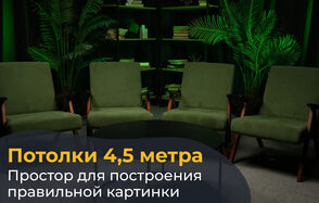 Лофт Восторг. Комната с зелеными креслами, черным круглым столом и зелеными растениями. На заднем плане полки с книгами и декоративными элементами. Освещение приглушенное, акцент на зелени. Текст: "Потолки 4,5 метра Простор для построения правильной картинки".