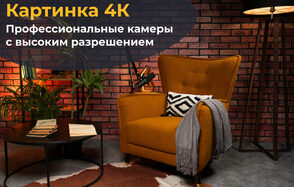 Лофт Позитив. Кирпичная стена, рыжее кресло с подушкой и пледом, металлический торшер, круглый кофейный столик с книгами, растения в горшках, коричнево-белый ковер на сером полу, надпись «Картинка 4K Профессиональные камеры с высоким разрешением».