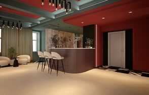 Стильное пространство Астрид. Просторное помещение с барной стойкой и тремя высокими стульями. Потолок декорирован светильниками в черных рамках. На полу ковровое покрытие светлого оттенка и черные плитки у стойки. Справа дверь, стены красные. Напротив окна в мягких шторах.