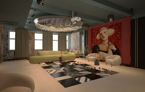 Стильное пространство Астрид. Просторное помещение с диванами и креслами, столы с напитками. Стены с высокими окнами, задрапированные шторами. На одной стене картина с женским портретом. Потолок с лампами и проектором. Современный ковер на полу, круглая люстра. Шероховатая стена.