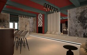 Стильное пространство Астрид. Современное пространство с высоким потолком и балками. Мягкие светлые скамьи вдоль стены, барная стойка с высокими стульями, подвесные светильники. Стены с абстрактными узорами. Потолок красно-серый, светлый пол. Светильники в черных подвесах.