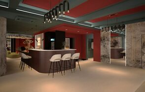 Стильное пространство Астрид. Барная стойка с тремя высокими стульями, деревянное оформление. Подвесные светильники с лампами. Красные и серые стены, светлый пол. Зеркальные панели на стенах. Арочные элементы в потолке, вентиляционные решетки.