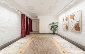 Светлый Лофт. Пространство галерейного типа с белыми кирпичными стенами, мраморным полом, трековыми светильниками на потолке, картинами на стене, в углу крупное растение в горшке, красные тяжелые шторы.