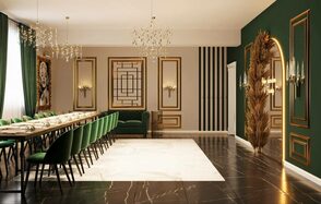 Голливуд. Элегантный лофт в зелено-бежевых оттенках. Большое помещение с длинным обеденным столом, окруженным зелеными стульями. Зеленые шторы на окнах, декоративные элементы на стенах, включая зеркала и картины. Потолочные люстры и настенные светильники. Темный пол с мраморной отделкой.