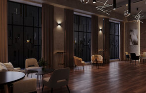 Лофт Мираж. Современное просторное помещение с деревянным полом, большими окнами и длинными шторами. Мягкая мебель в светлых тонах, круглые столы, декоративное освещение на потолке. Настенные светильники, картина на стене.