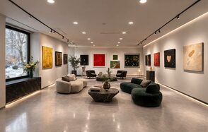 Level 5(Лэвел 5). Галерейное пространство с серым полом и белыми стенами, украшенное картинами в ярких цветах. Центральная часть обставлена диванами круглой и прямоугольной формы, кофейный столик с декором. Настенные светильники, большие окна, комнатные растения.