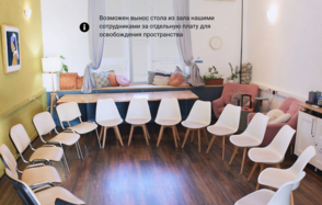 H4U. Светлый зал П-602. Круговая расстановка из пятнадцати белых стульев с деревянными ножками в светлом помещении с деревянным полом. На окне серые занавески, на стенах картины и часы. Справа розовый диван и стол с элементами декора. Текстура белых и зеленых стен.