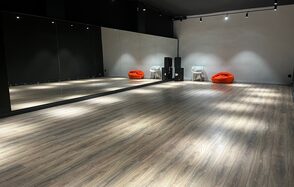 The Flow Space(Пространство Поток). Просторное помещение с зеркальной стеной, светлый ламинат, темные стены. Освещение прожекторами. В углу два стула, оранжевый пуф и звуковое оборудование. Состояние отличное.