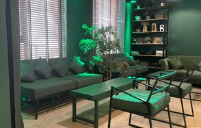 Work Shop Loft(Воркшоп Лофт). Зал 11 . Зал с зелеными стенами и деревянными жалюзи. В комнате расположены диваны с подушками и металлическими каркасами, журнальный столик, кресла, полка с декором и растениями. Искусственное освещение создает атмосферу, подчеркивая зеленую цветовую гамму.