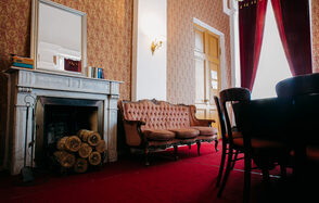 Зал с камином и мебелью в антикварном стиле