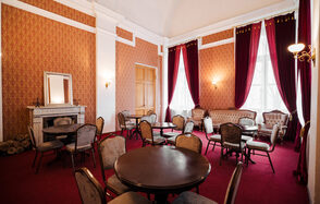 Зал с камином и мебелью в антикварном стиле