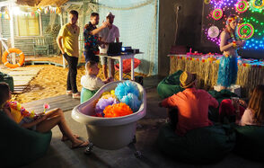 Studio with sea sand and waterfall