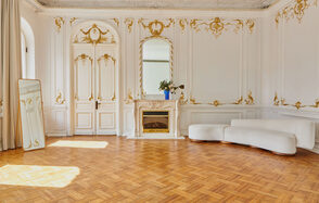 Большой светлый зал в классическом стиле с камином